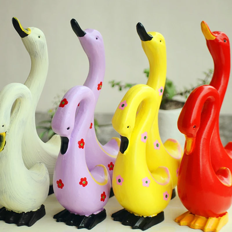 2PCS Painted Wooden Duck Model Hand-Carved Animal Figurines &amp Miniatures Ornaments Home Desktop Decor Miniature Garden Toy | Дом и сад