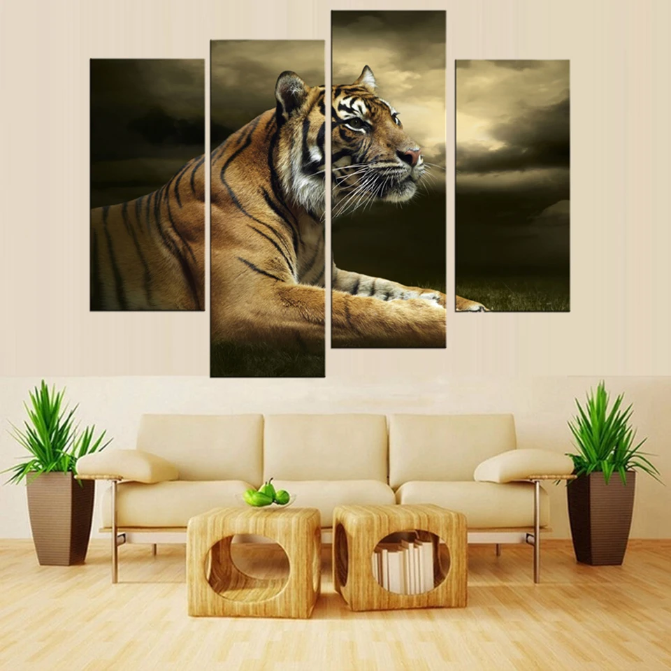 Модульная структура современного искусства постер 4 панели Тигр сидя под синим