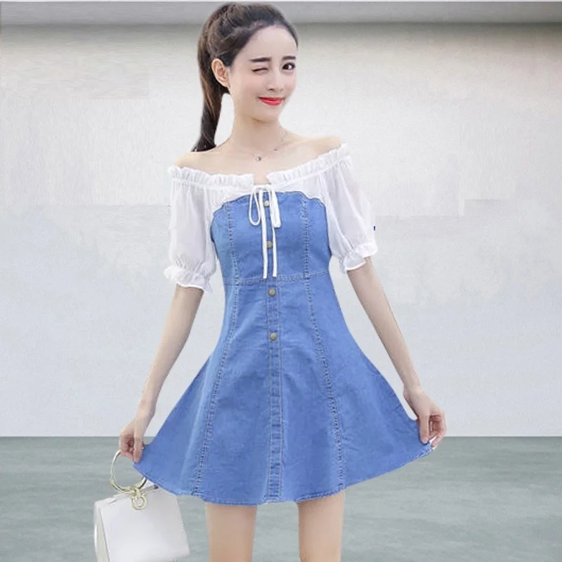 

Новинка, Летние Стильные женские платья, Модное шифоновое платье в стиле пэчворк с бантом на воротнике и коротким рукавом, джинсовое цельно...