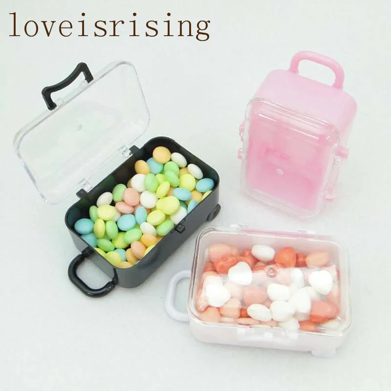 

5 Colors--35pcs/Lot Mini Rolling Travel Suitcase Wedding Favor Box Plastic Candy Boxes Baby Shower Souvenirs Gift Box