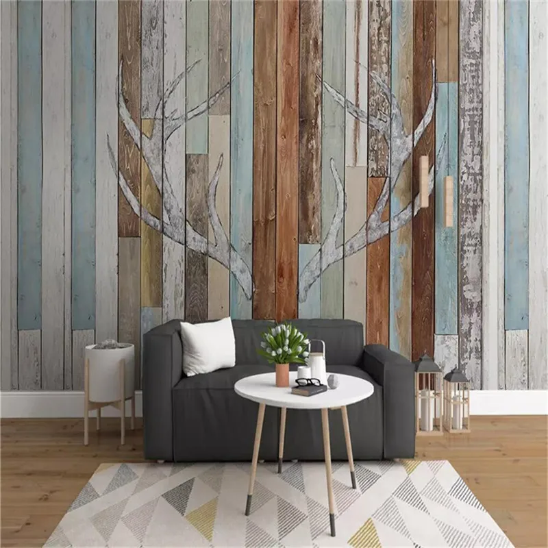 

Custom Mural Wallpaper Retro Wood Board Personality Antler TV Background Wall Painting