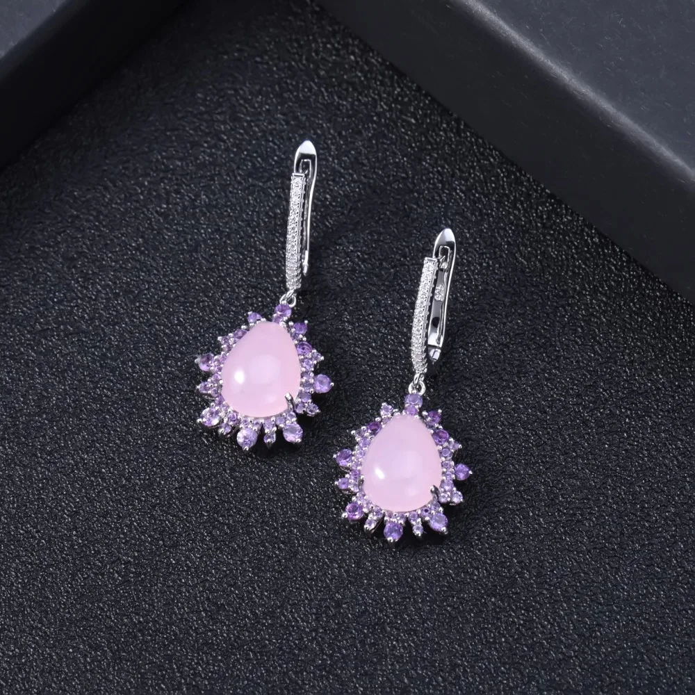 Серьги-подвески женские из серебра 925 пробы с натуральным розовым камнем |