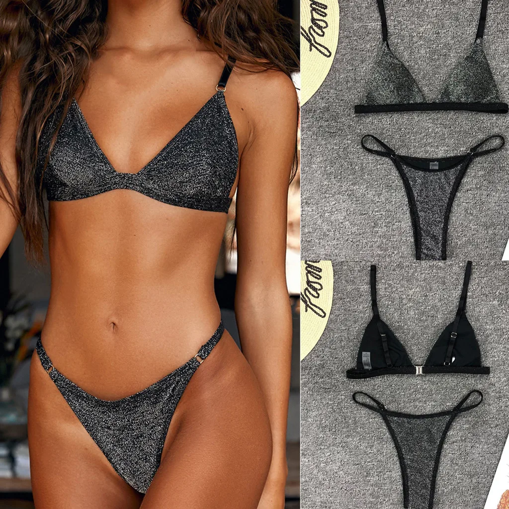 Женский купальник с низкой талией Раздельный из серебристого шелка золотистого