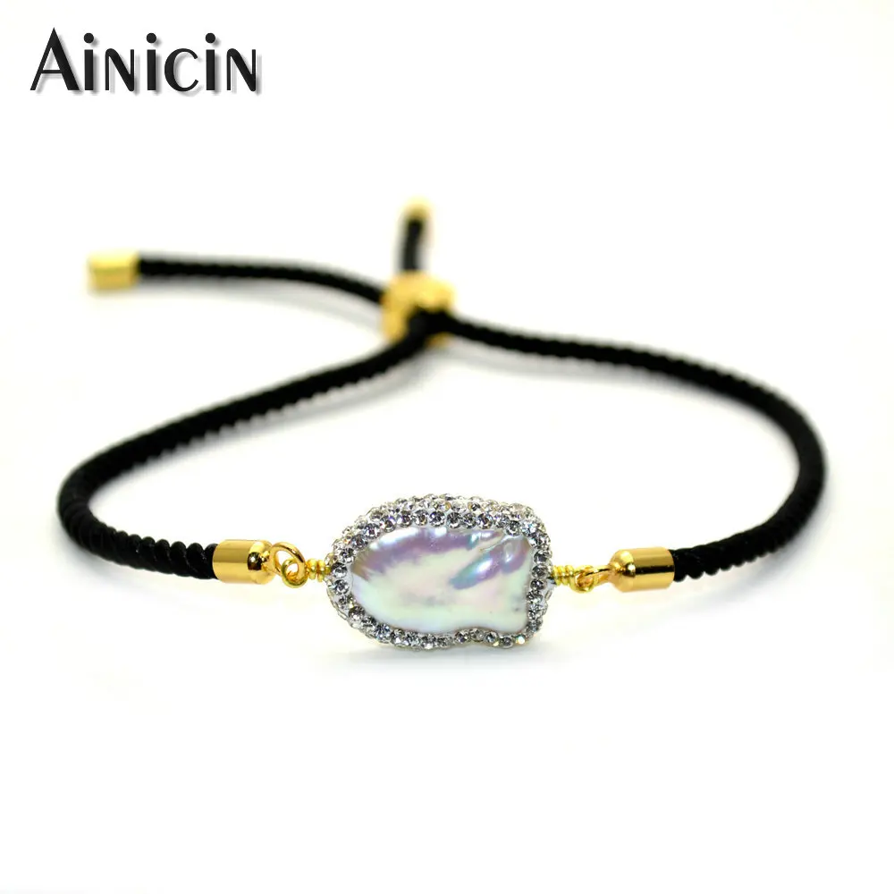 

White CZ Rhinestone Crystal Paved Natural Freshwater Pearl Sliding Bracelets Adjustable Rope Chain Jewelry Fashion Women Gift