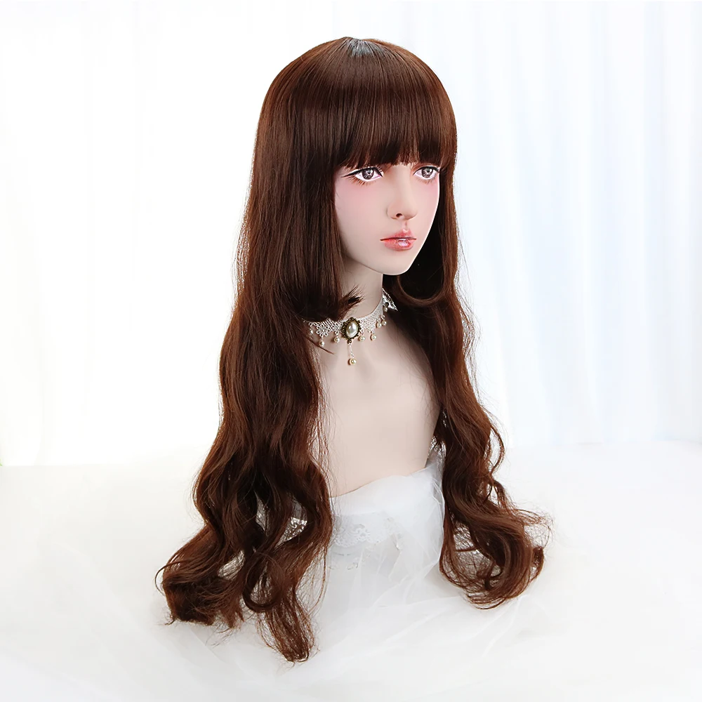 

28" Long Wavy Cosplay Lolita Wig With Bangs Brown Synthetic Hair Japan Harajuku Party Cosplay Wigs For Women Heat Resistant Hair