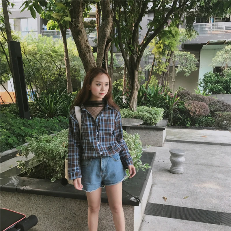 Rugod Новое поступление Для женщин сетки лоскутное Винтаж Рубашки в клетку длинный