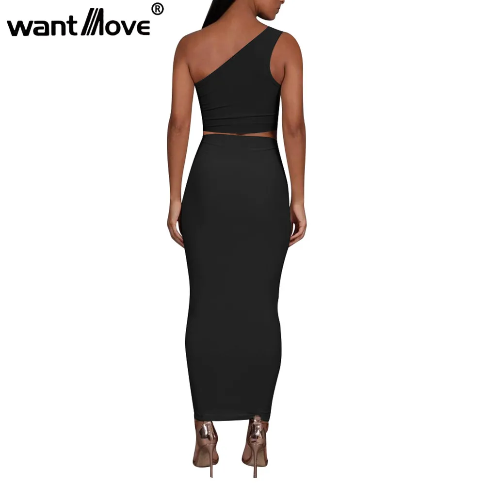 

Wantmove 2019 summer new 2 piece solid color sexy one-shoulder sleeveless exposed navel high waist bag hip skirt 2 piece AM098