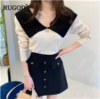 apricot RUGOD корейский стиль, лоскутные женские свитера, воротник Питер Пэн, длинный рукав, тонкий вязаный пуловер, зимняя одежда для женщин, malhas senhora - Цвет: apricot