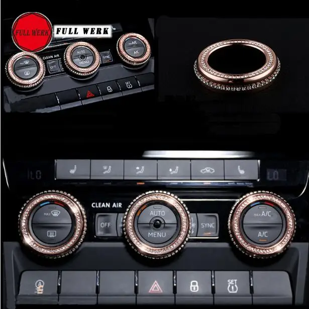 Rose Gold with Diamo 3 шт./компл. Алюминий брелок для автомобильных ключей, Кондиционер AC Ручка крышка кольцевой нагреватель, Управление переключатель декор для Skoda Kodiaq аксессуары для интерьера - Название цвета: Rose Gold with Diamo