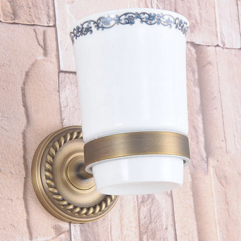 

Antique Brass Single Toothbrush Holder With Ceramic Flower Cup Wall Mounted Bathroom Accessories aba266