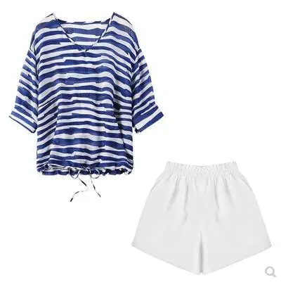 

2019 Casual V Neck Casual Summer Set Women Brief Loose Pocket 2 Pcs Set Striped Korean Fashion Cotton Linen Twinset