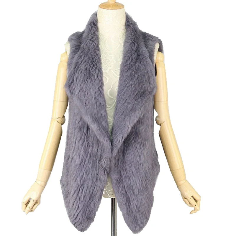 Real Knitted Rabbit Fur Cardigan Vest Waistcoat Turn-down Collar Women Fur Gilet Lady Outerwear Coats VF7016