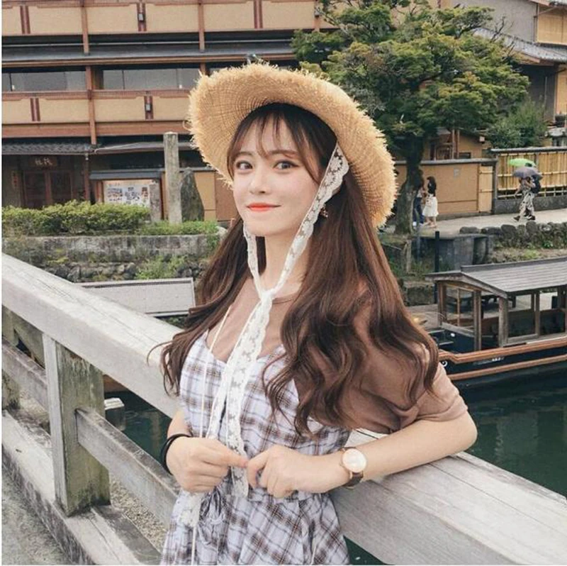 

Summer Women Outdoor Sun Hats Handmade Weave 100%Raffia Straw Hat Black/White Ribbon Lace Up Big Brim Beach Caps Chapeu Feminino