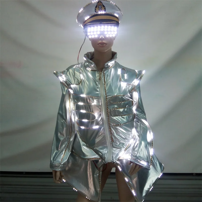 Светодиодная светящаяся униформа для официанта с очками шляпа одежда сцены