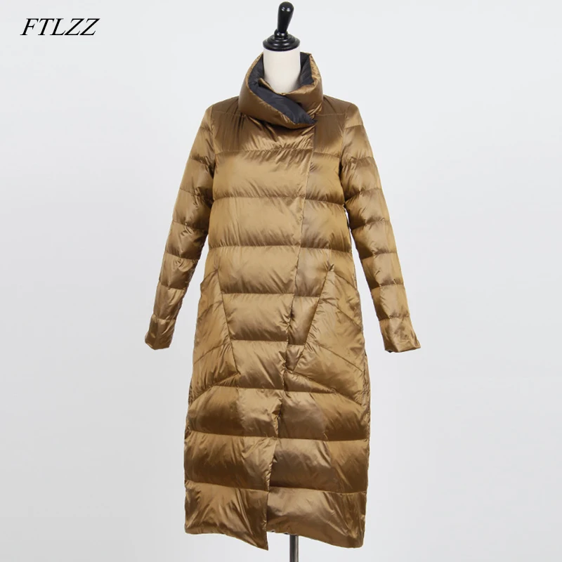 FTLZZ, белая, утиный пух, двойная, Двусторонняя куртка, для женщин, плюс размер, зимняя верхняя одежда, зимний, тонкий, ультра светильник, пуховик, однобортный, парка