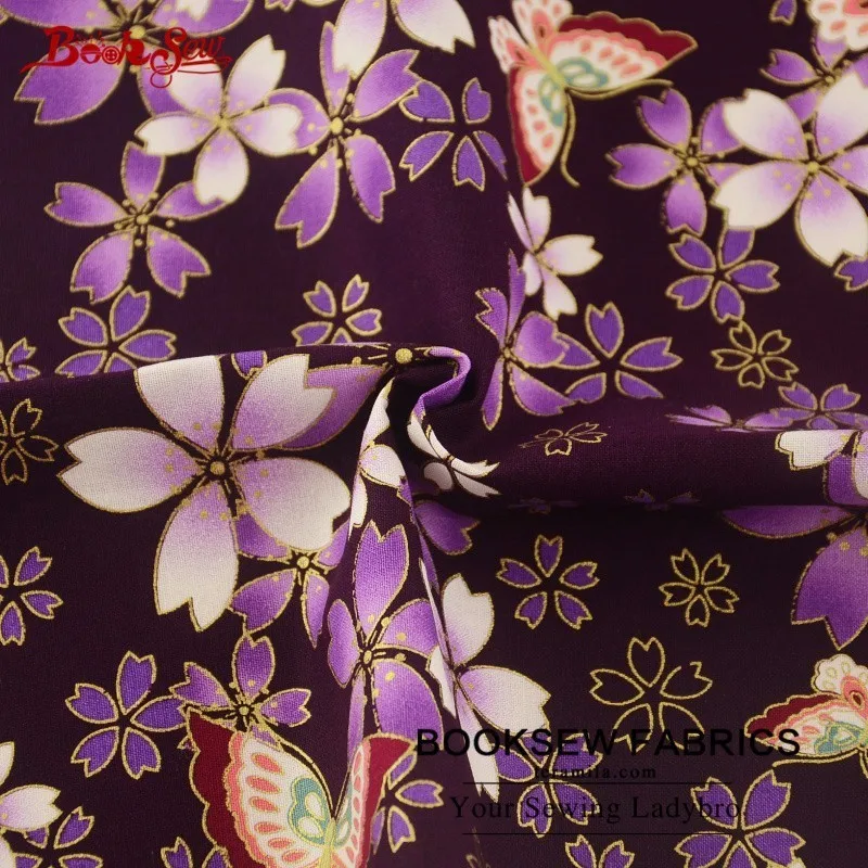 Хлопчатобумажная льняная ткань Booksew с бабочками и цветами Золотая фольга для