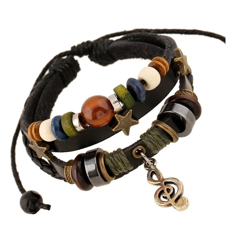 Браслет с бусинами для мужчин и женщин 4-слойный музыкальный плетеный кожаный