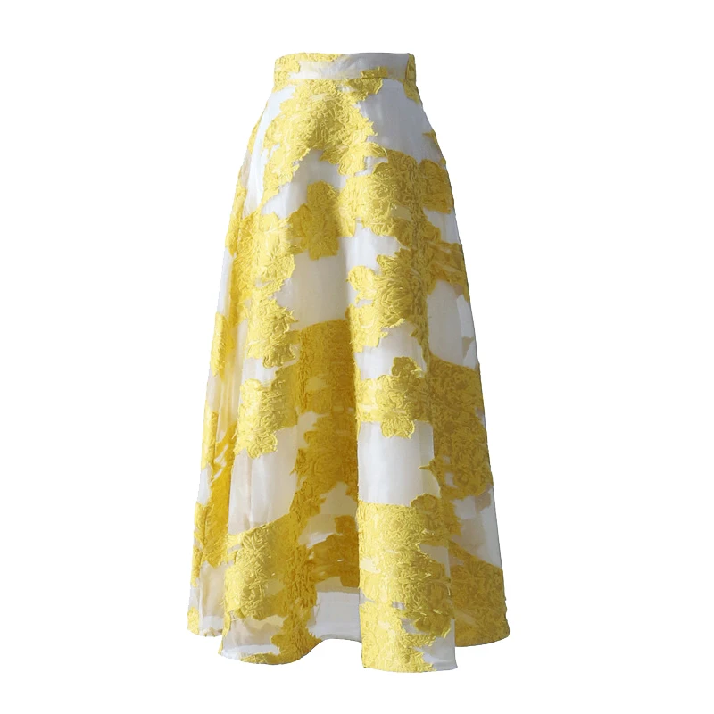 

High-end Mesh Embroidery Midi Skirts 2019 Spring Summer Women High Waist Ball Gown Skirt Blue Yellow saia