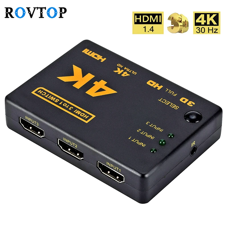 Rovtop HDMI коммутатор 4K 3 порта * 2K сплиттер коробка 3D ультра Полный HD1080p для DVD HD tv Xbox PS3