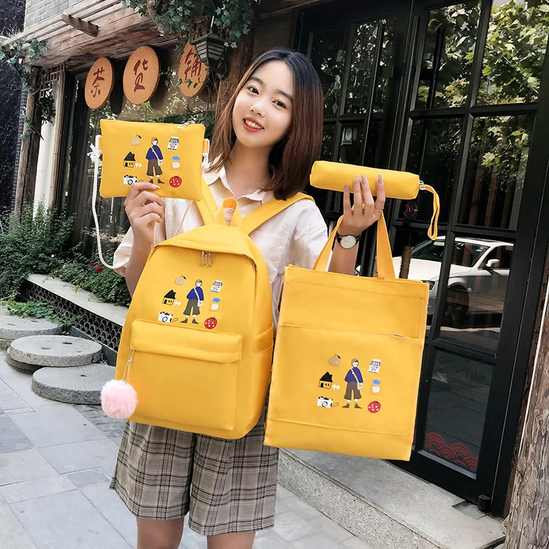 4 шт. Холщовый женский рюкзак мультяшная Студенческая сумка книжка милый меховой