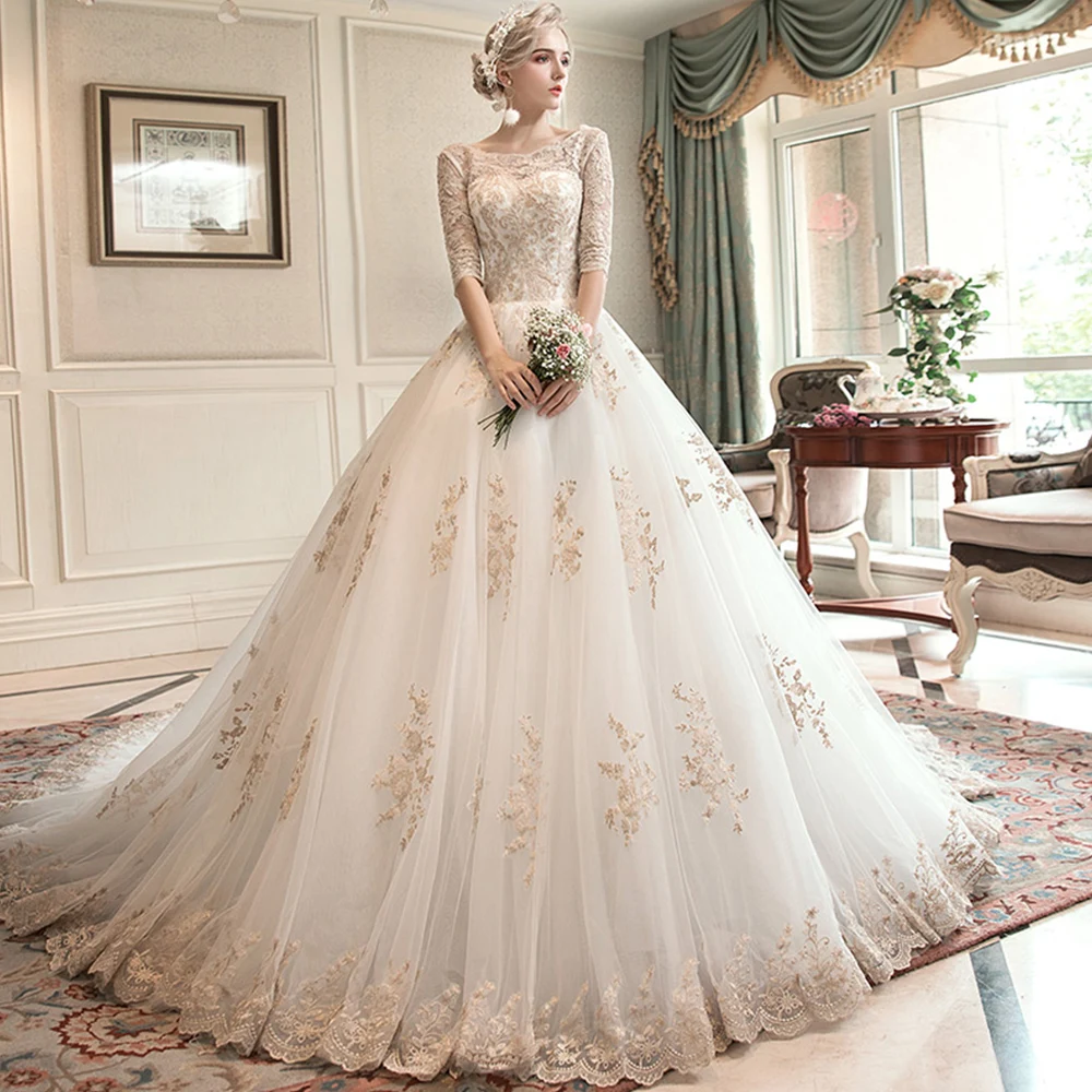 Robe Mariage Femme China Custom Made Lace Up Half Sleeve Gold Appliques Ivory Ball Gown Wedding Dress Plus Size Trajes De Novia | Свадьбы и
