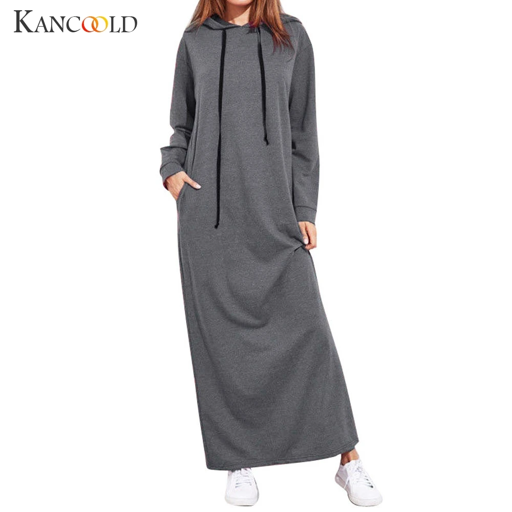 Платье KANCOOLD женское модное макси с длинным рукавом платья капюшоном