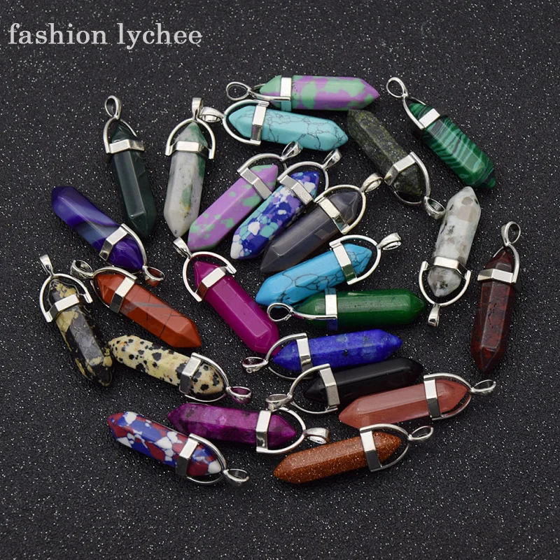 

fashion lychee 24pcs Random Mixed Natural Stone Crystal Pillar Shape Charms Pendants For Necklace Jewelry Making DIY Accessories