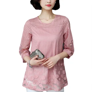 Женская шифоновая блузка, элегантная, летняя, свободная, кружевная, размера плюс