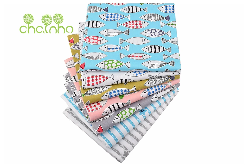 Chainho, 7 шт./лот, серия Fish, хлопковая саржевая ткань с принтом, Лоскутная Ткань, DIY швейный материал для стеганых изделий для детских и детских простыней