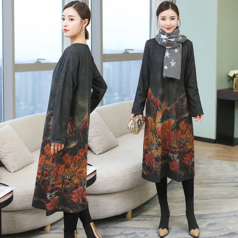 Fashion 2019 New Autumn Women Dresses Casual Loose Cotton Dress Winter Thick Long Sleeve O-Neck Print Floral Vintage | Женская одежда