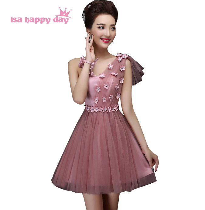 Женское Короткое платье подружки невесты красное на одно плечо для модель H2707