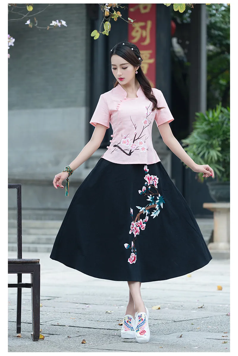 Летний народный стиль китайский Cheongsam хлопковый льняной костюм Тан Топы ручная роспись печать короткий рукав традиционная блуза
