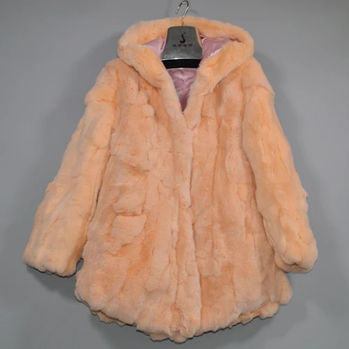 beige pink Хорошее качество, женская зимняя длинная куртка из натурального меха Рекс, женская шуба из кролика Рекс, натуральный мех кролика Рекс, пальто с капюшоном - Цвет: beige pink