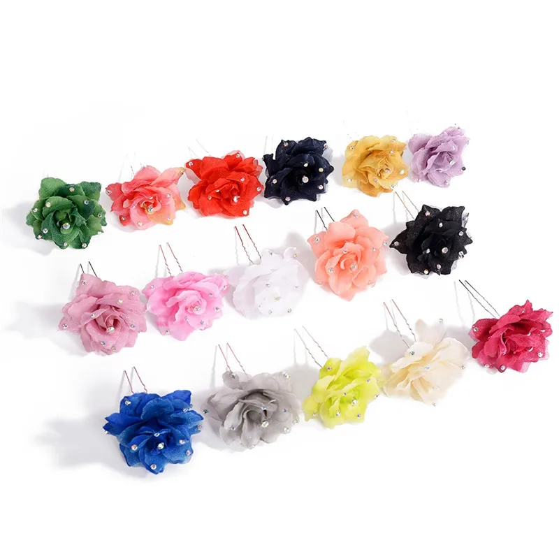 PINKSEE 2 Pcs Organza Fabric Rose Flower Hairpin With Crystal 16 Colors Headwear Bridal Hair Accessory Jewelry tiara de noiva | Украшения и