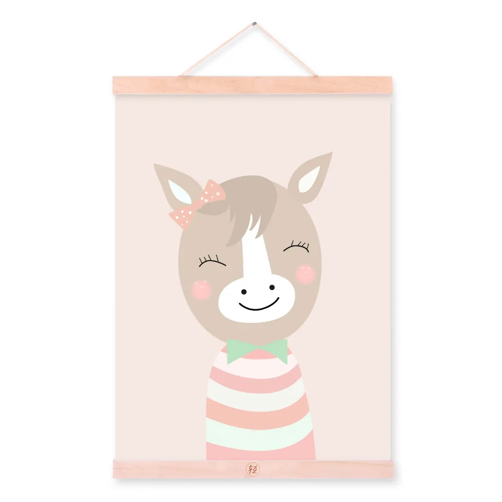 Kawaii, Мультяшные животные, олень, медведь, собака, деревянная рамка, холст, живопись, скандинавские, для детской комнаты, настенные художественные плакаты, домашний декор, картина, Свиток - Цвет: strip horse