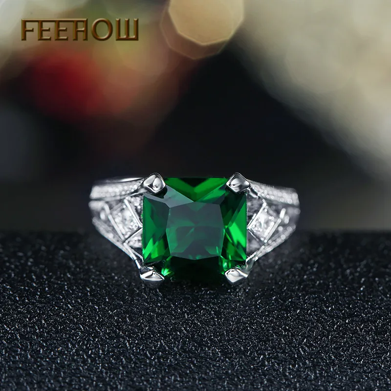 FEEHOW Роскошные огранки большой зеленый фианит обручальное кольцо для женщин