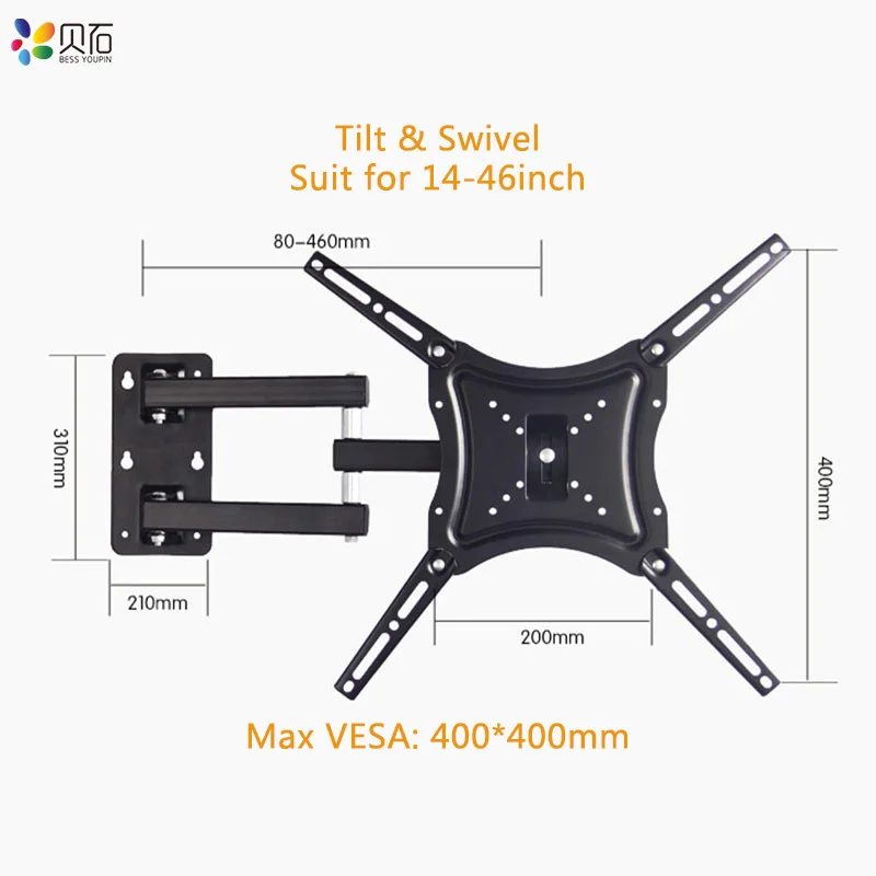 TV Wall Mount for 14-46&quot LED Plasma Flat Monitor up to 110lbs VESA 400x400 with Full Motion Swivel Articulating Extension Arm |