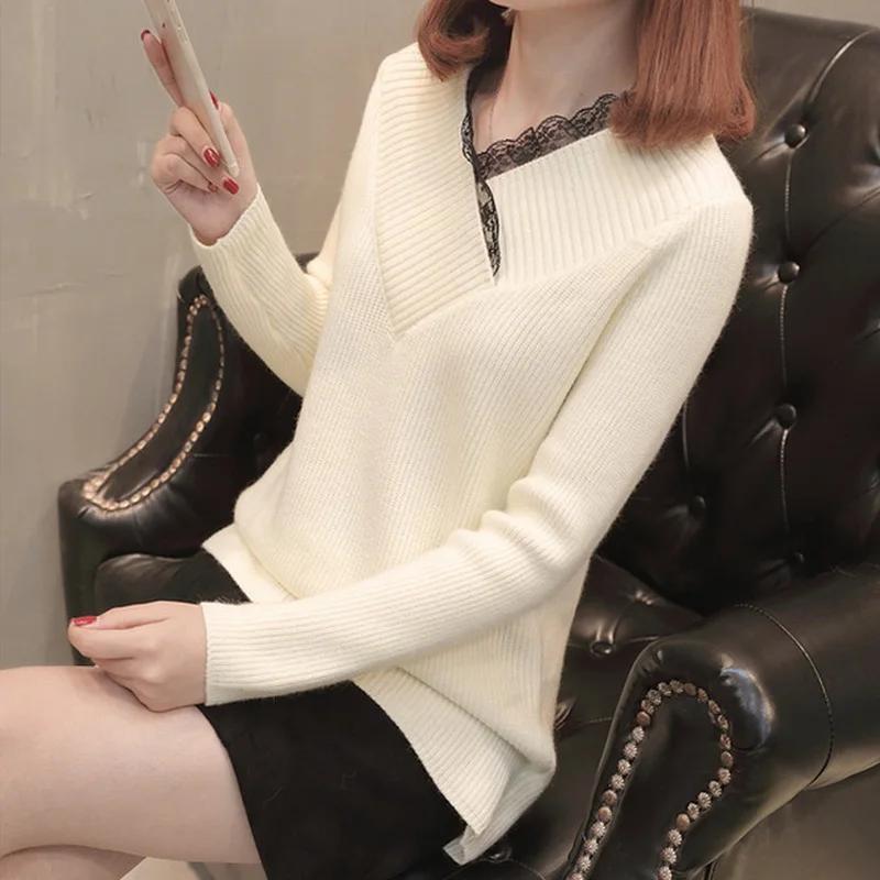 OHRYIYIE 2020 Winter Lace Sweater Women Fashion V-neck Long Sleeve Knit Sweaters And Pullovers Female Tricot Jumper Pull Femme | Женская