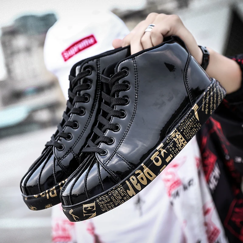 zeeohh Unisex Glitter Nightclub Men Youth high tops Couple Shoes Head Flats Gold Patent Leather Casual Loafers Male botas | Обувь
