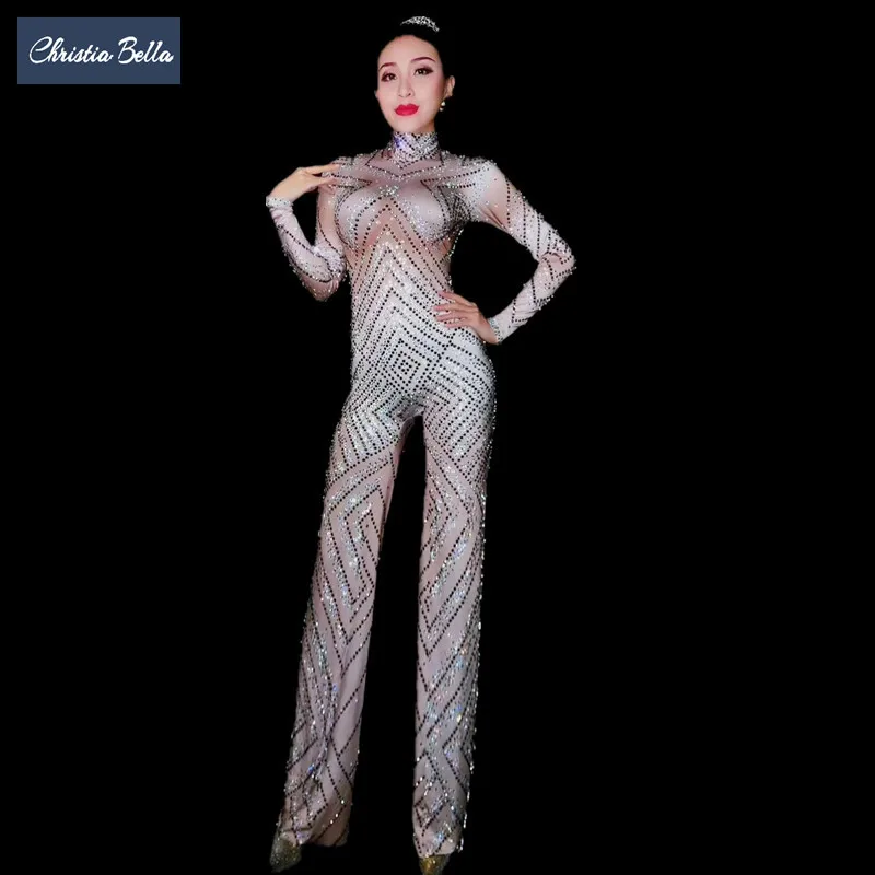 Christia Bella Luxury Crystals Jumpsuits Women Stretch Flared Trousers Jumpsuit Bell-bottoms Nude Bodysuit Singer Stage Rompers