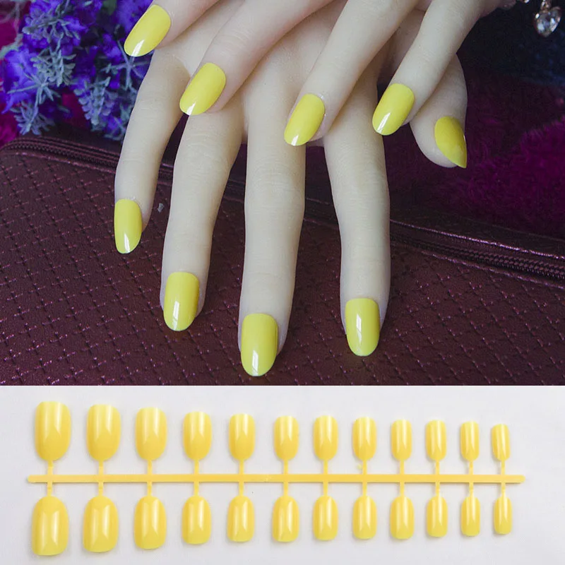 

1 Set Of 24 pcs Short Round Shape False Nail With 1 pc Nail Adhesive 10 Sizes Full Cover Yellow