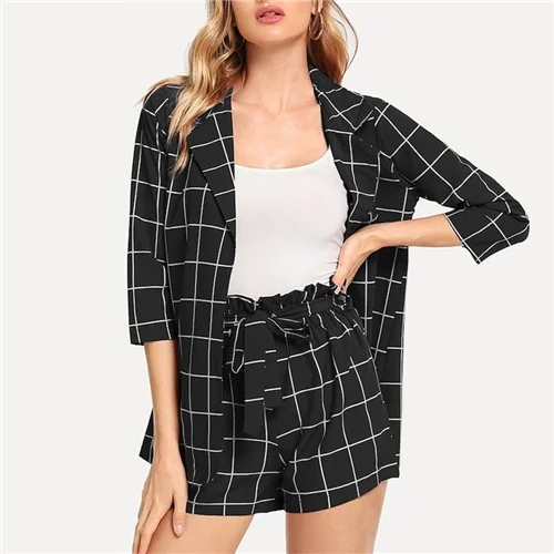 Black and White Sheinside черно-белые клетчатые блейзеры с самозавязывающимися шортами на талии женские комплекты из двух предметов Элегантный женский комплект из 2 предметов - Цвет: Black and White