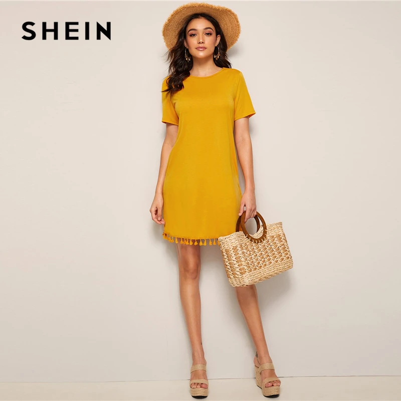 SHEIN женское летнее платье с бахромой и боковыми карманами,, цельное платье-туника с коротким рукавом