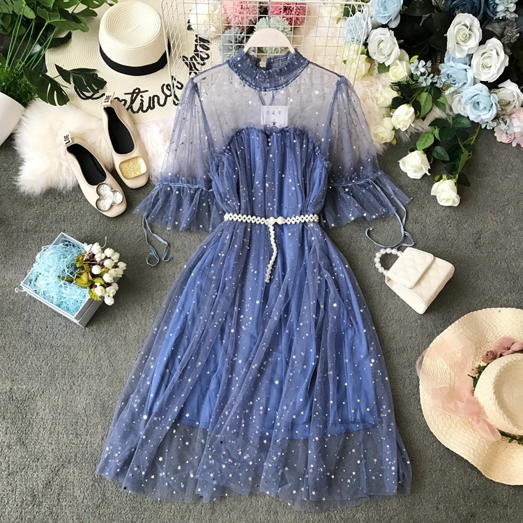 Синий ALPHALMODA, летнее женское новое платье феи, расшитое бисером, с поясом, перспектива, сверкающее, милое, Дамское, кружевное платье Vestidos - Цвет: Синий