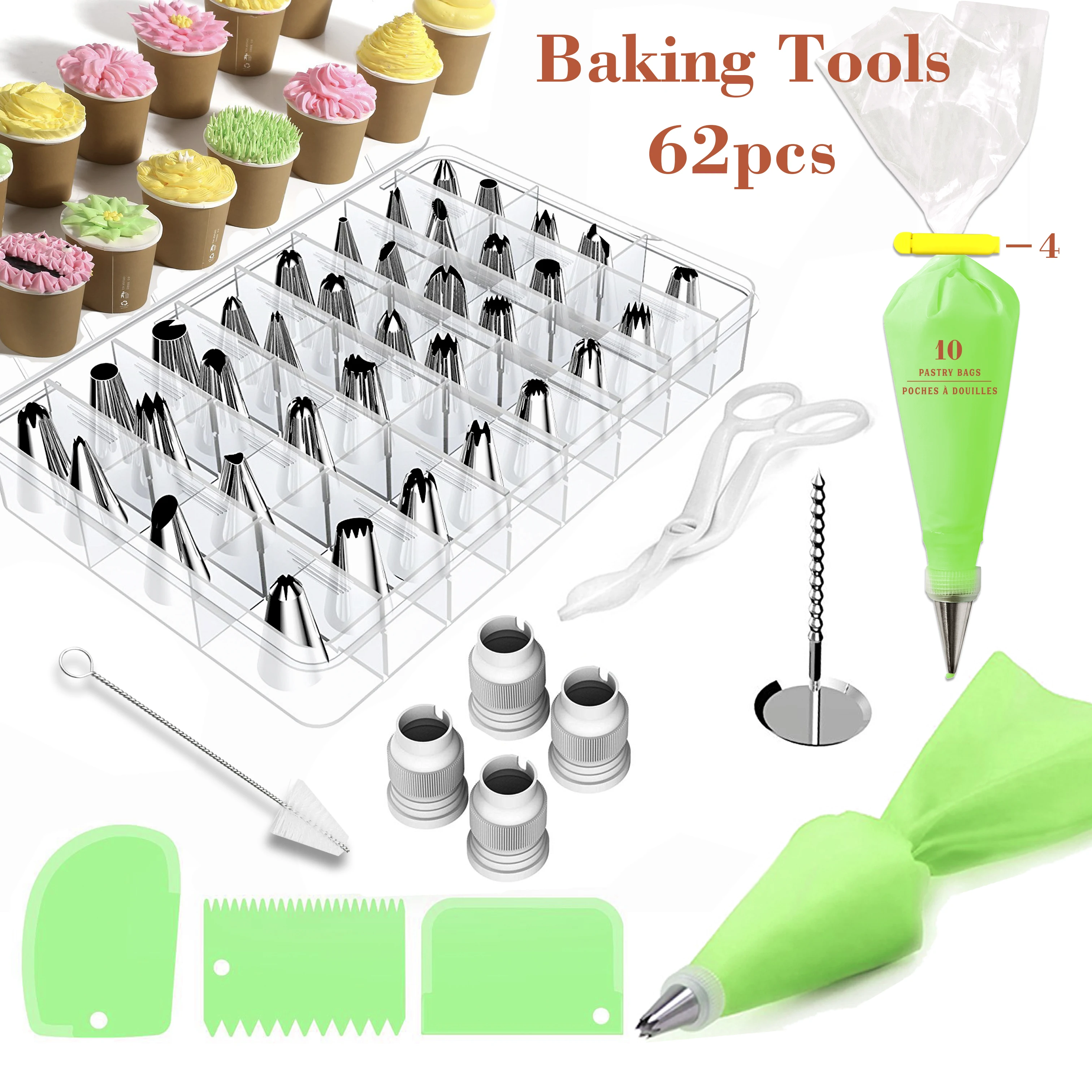 

62pcs Cake Decorating Supplies Cake Baking Tools with 36 Stainless Steel Icing Piping Tip Russian Pastry Nozzles Set Pastry Bags