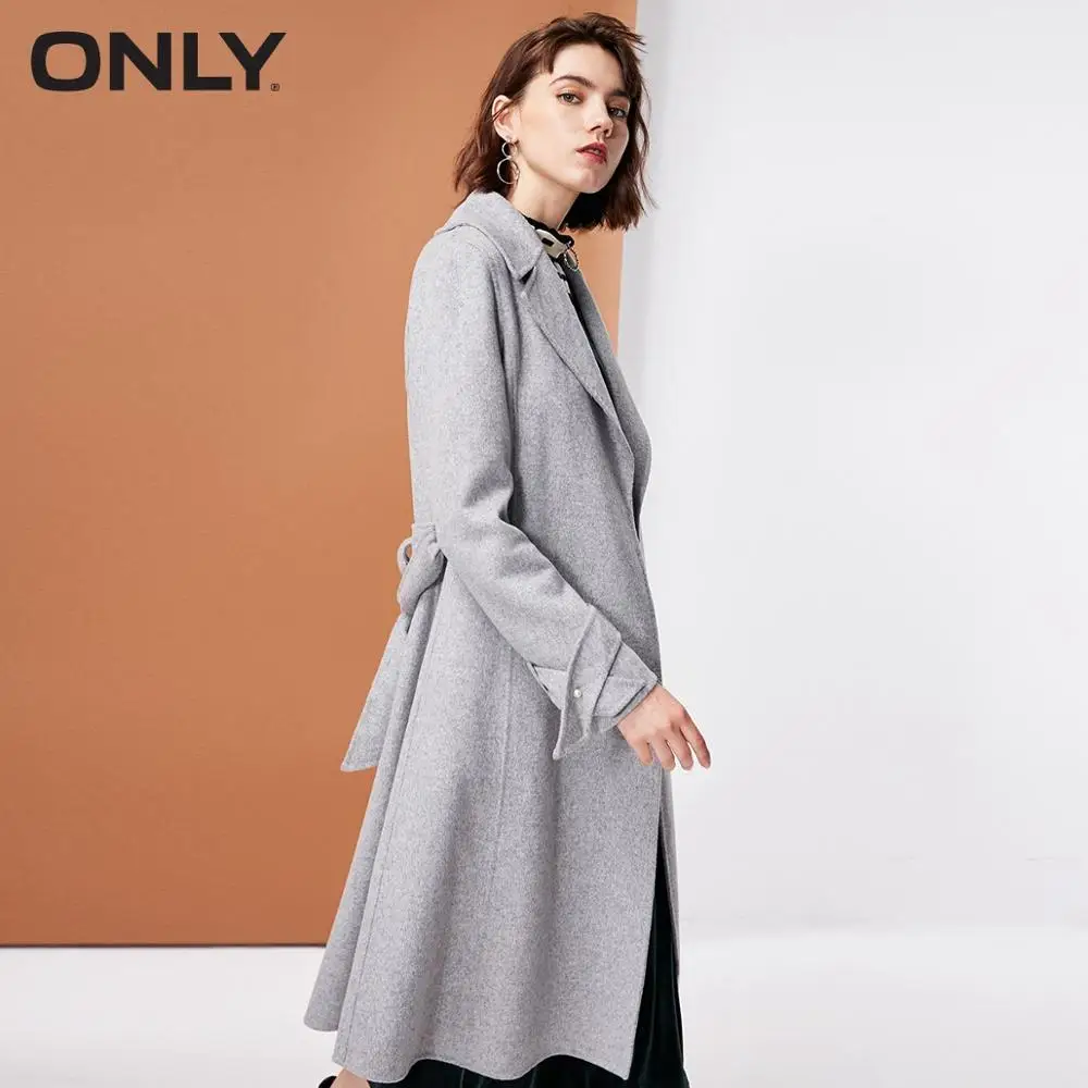 LIGHT GREY MELAN Только женское зимнее Новое Стильное шерстяное длинное двустороннее шерстяное пальто с манжетами из бисера с поясом для галстука | 11834S521 - Цвет: LIGHT GREY MELAN