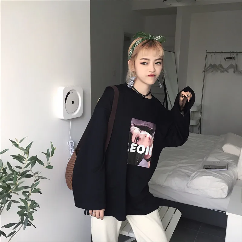 Женская рубашка Топ весна корейский Ulzzang Harajuku с принтом персонажей летучей мыши с длинным рукавом Женская Повседневная футболка с круглым вырезом