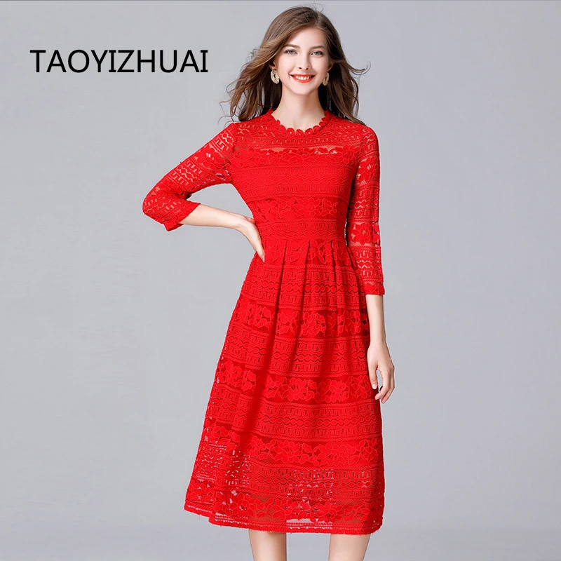 Женское кружевное платье TAOYIZHUAI Красное ажурное из 100% полиэстера размера плюс с