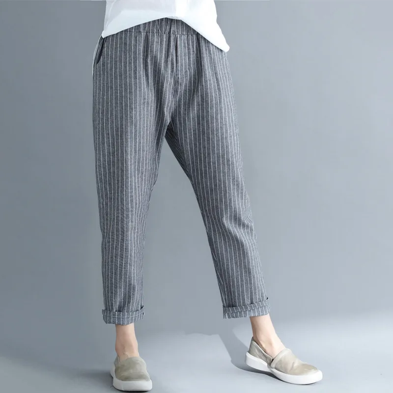 

2019 Summer Women's Cotton Linen Harem Pants Stripe Harajuku Female Elastic Waist Casual Pantalon Female Sweatpants Trouser R551