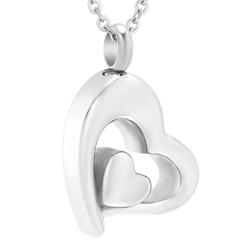 

IJD9104 Silver Tone 316L Stainless Steel Double Heart Cremation Pendant Jewelry Ashes Holder Keepsake Necklace For Memorial Gift